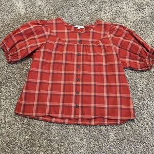 Madewell plaid rust orange puff sleeve button up top blouse medium m